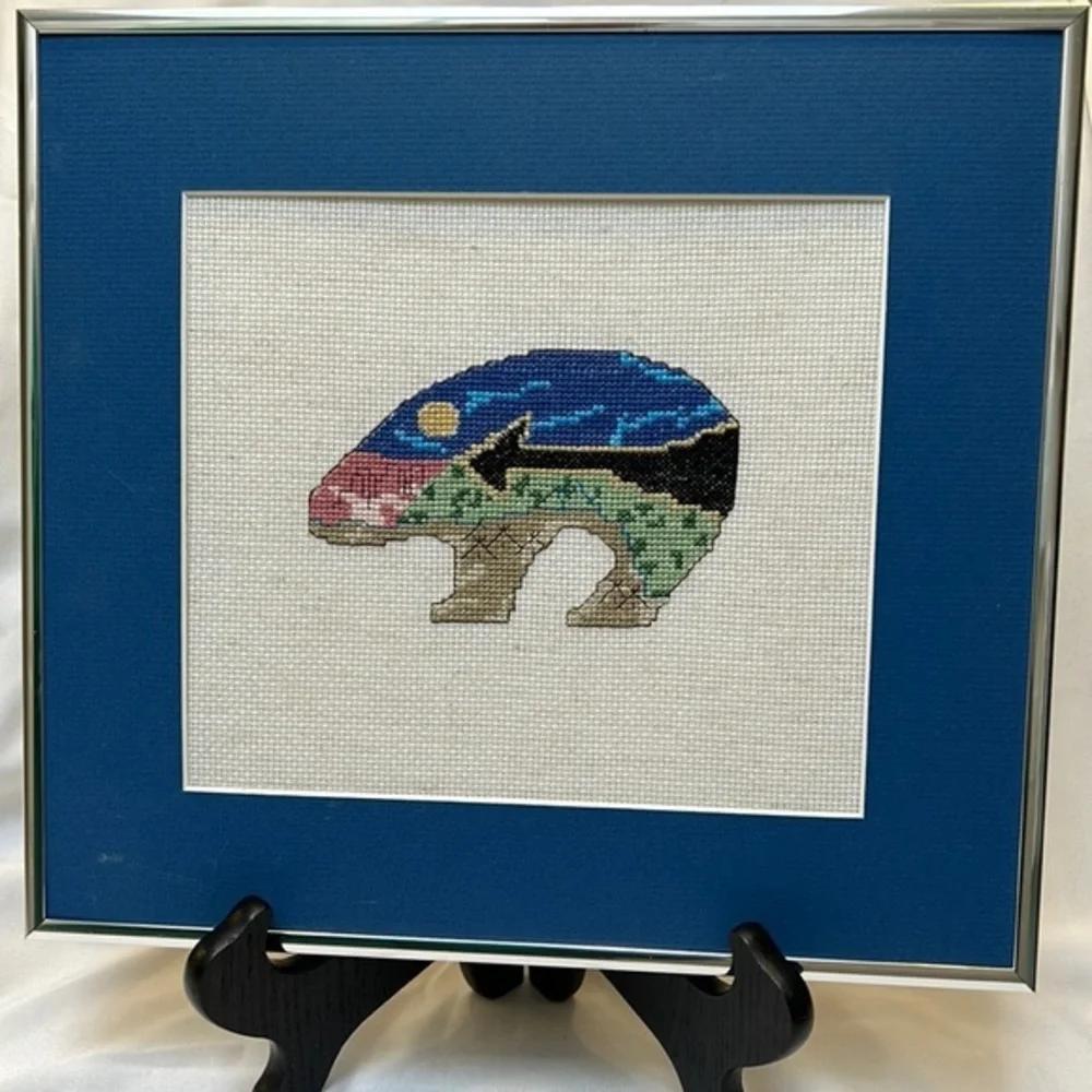Handmade Counted Cross Stitch Southwest Bear Framed and Matted Picture